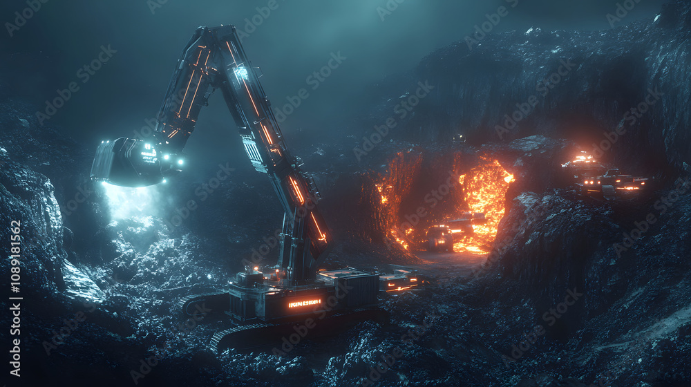 Poster a sci-fi inspired mining operation with luminous, robotic drills working on glowing mineral deposits
