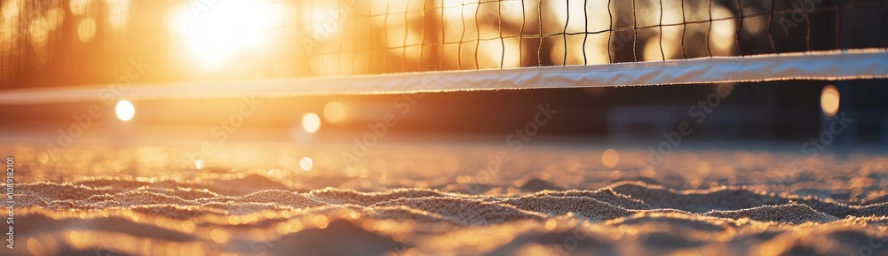 Poster a serene sunset view of a beach volleyball court with sand and net in focus.