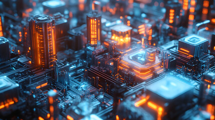 A hyper-detailed industrial skyline with layers of glowing structures, conceptualized in a surreal, sci-fi style. 4k resolution, cinematic scene