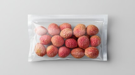 Fresh lychees vacuum-sealed in a clear bag, showing their unique textured shell, on a simple white table, Photorealistic
