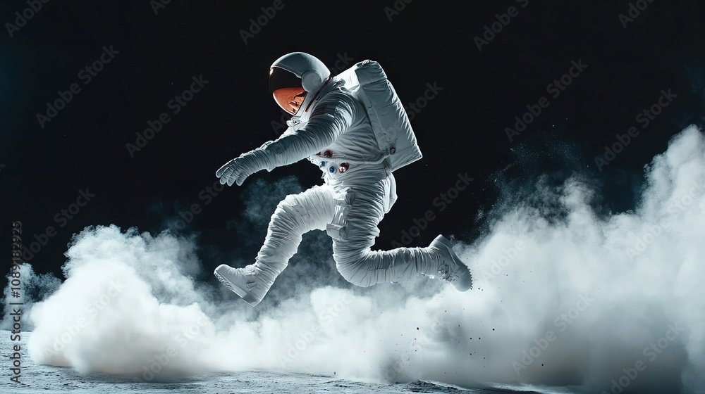 Wall mural astronaut jumping in low gravity near the moon hyper realistic in the background generative ai