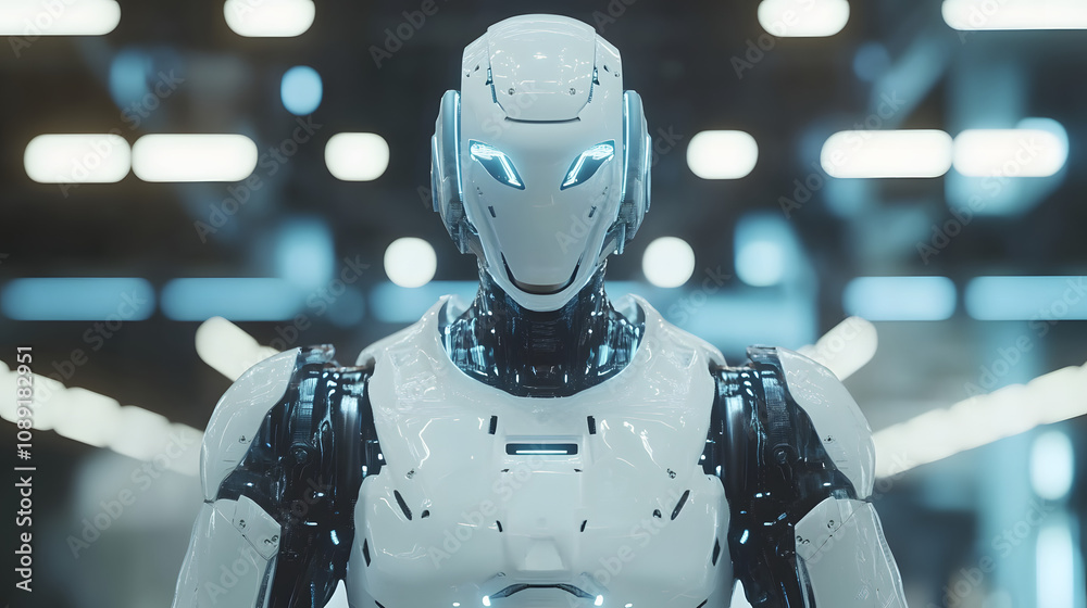 Poster a hyper-detailed depiction of a futuristic industrial robot in a glowing factory environment. 4k res