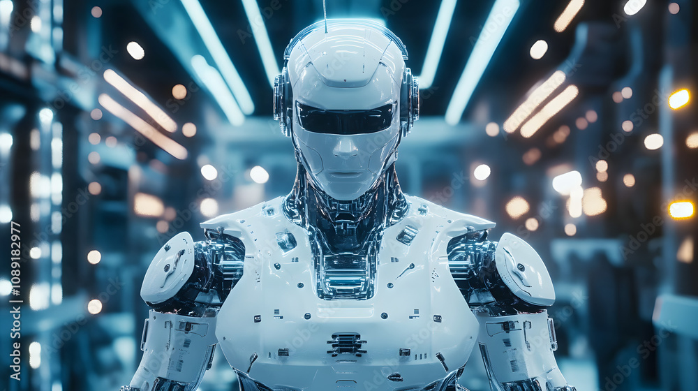 Poster a hyper-detailed depiction of a futuristic industrial robot in a glowing factory environment. 4k res