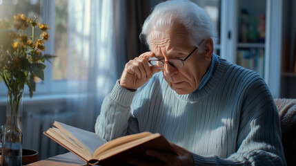 Senior man struggling to read while adjusting his glasses, vision difficulties concept