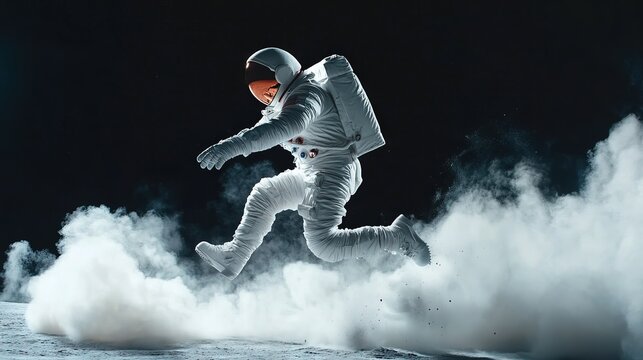 Astronaut jumping in low gravity near the moon hyper realistic in the background Generative AI - Powered by Adobe
