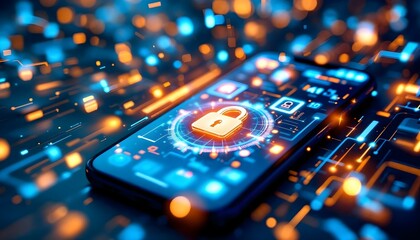 A futuristic scene of a smartphone surrounded by glowing, holographic AI interfaces and digital locks symbolizing cybersecurity.