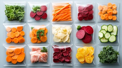 Crunchy vegetable chips (beet, carrot, kale) vacuum-packed in transparent film, showing vibrant colors on a light surface, Photorealistic