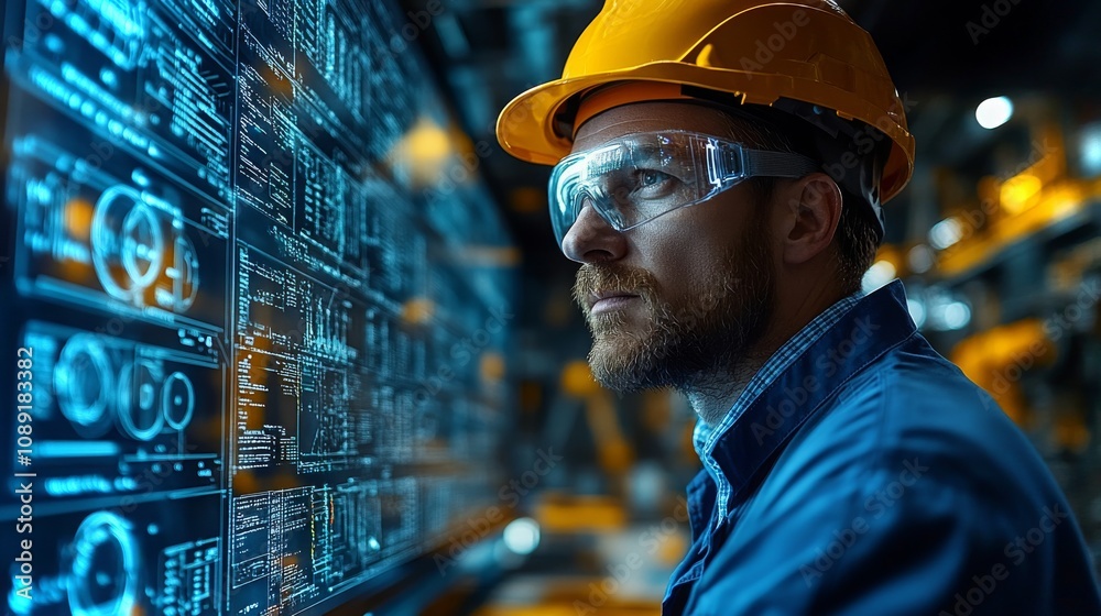 Poster engineer analyzing data in high-tech workspace during evening hours