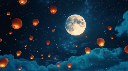 Numerous red lanterns float in the night sky with a full moon and stars in the background.
