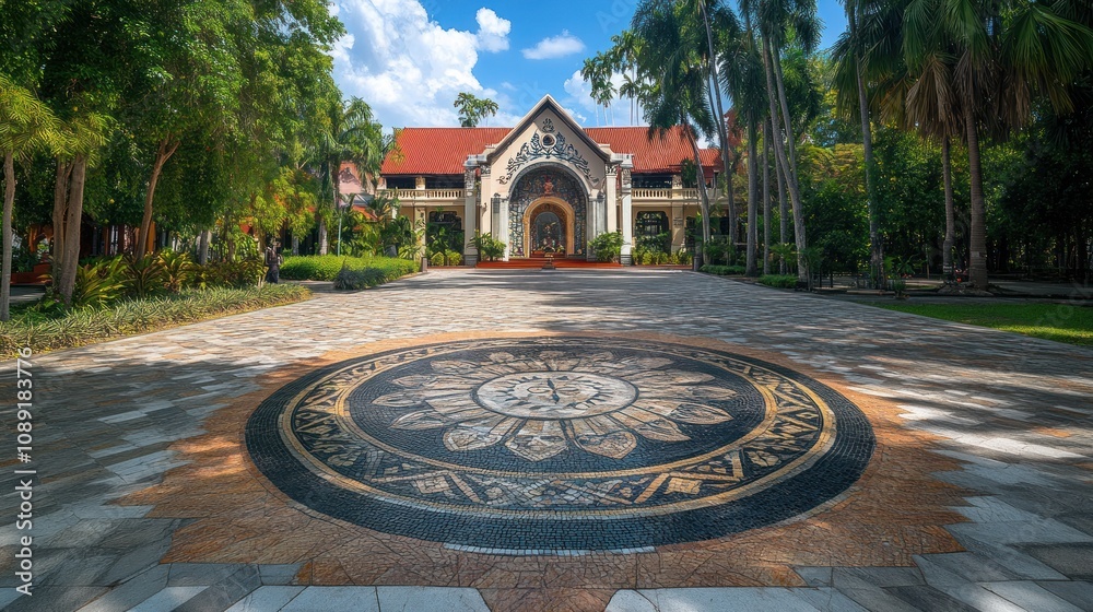 Poster a grand building surrounded by lush greenery and a decorative stone pattern in the foreground.