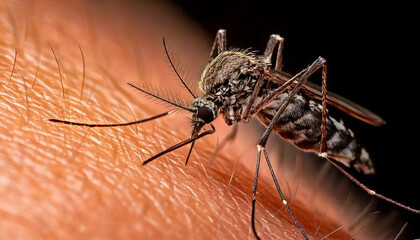 A mosquito is biting a person's arm. The mosquito is black and white. The person is wearing a sleeveless shirt