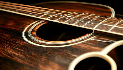 Obraz premium Close-up detail shot of an acoustic guitar showcasing its rich, dark wood grain and intricate fretboard. Perfect for music-related projects.