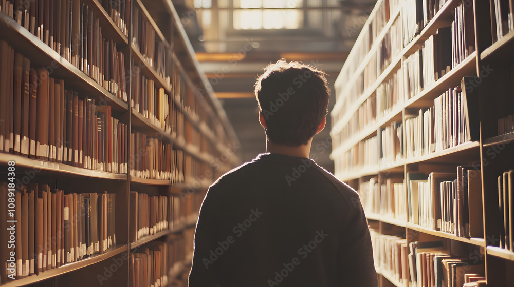 Poster A candid image of a young man walking through a library aisle, his face lit with curiosity as he browses the shelves. 4k resolution, Cinematic Scene
