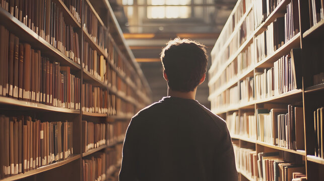 A candid image of a young man walking through a library aisle, his face lit with curiosity as he browses the shelves. 4k resolution, Cinematic Scene