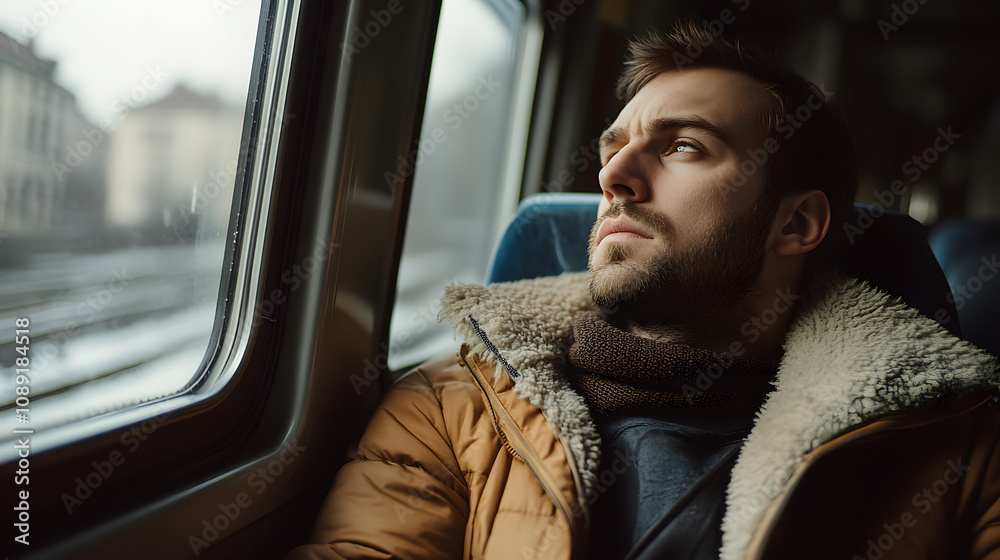 Poster a man sitting in an empty train car, staring out the window, his expression contemplative and reflec