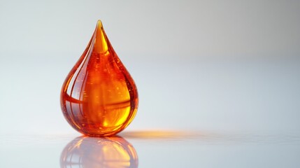 Amber-colored droplet on reflective surface.