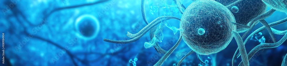 Poster close-up view of cells in a blue digital environment, showcasing biological structures.