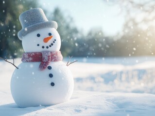 Fototapeta premium Building a Snowman with Carrot Nose and Scarf in Winter Wonderland Outdoor Fun Nature Scene Playful Viewpoint