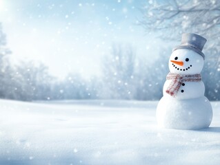 Fototapeta premium Creating a Cozy Winter Atmosphere Snowman with Carrot Nose and Scarf in a Snowy Landscape Captured in Nature's Serenity