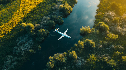 An airplane flies over a river surrounded by lush green trees during the afternoon