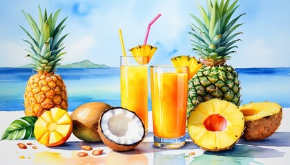 Tropical paradise: fresh pineapples and exotic juices by the ocean