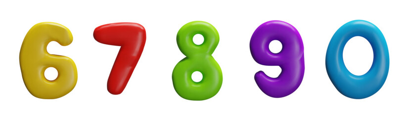 3D set of volumetric numbers 6, 7, 8, 9, 0.