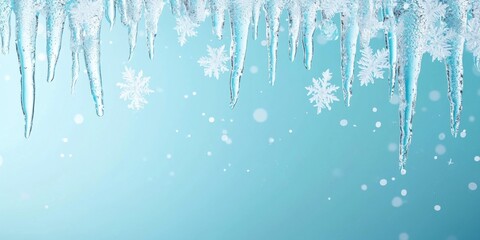 Winter Sale Offers Cold Concept. A serene winter scene featuring icicles and snowflakes against a blue background, evoking a chilly, tranquil atmosphere.