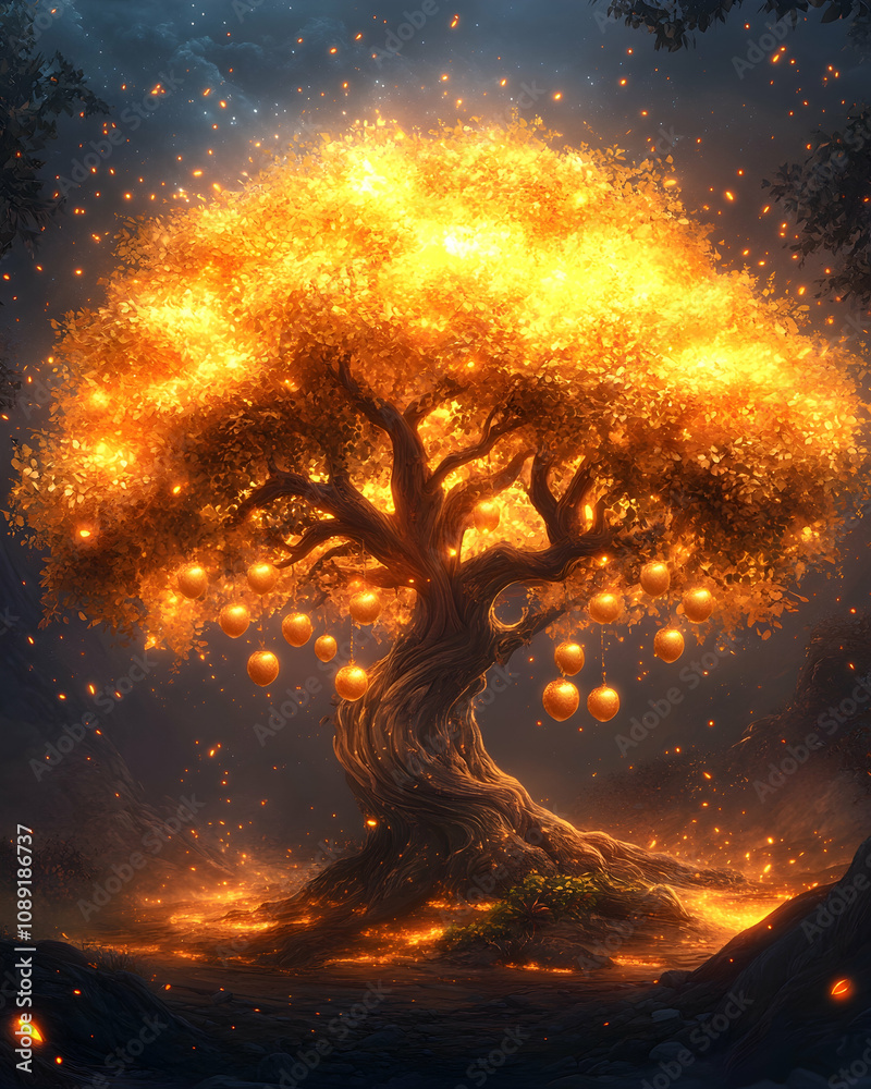 Canvas Prints illuminated golden tree with glowing apples in a mystical forest setting.