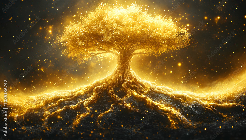 Wall mural illuminated golden tree of life with glowing roots.