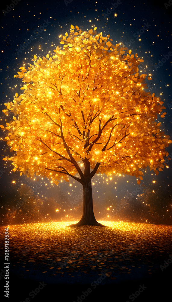 Canvas Prints magical golden autumn tree glowing with light in a dark forest.
