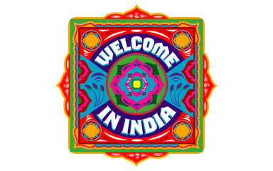 "Welcome to India" text hand-painted in authentic Indian truck art style, featuring vibrant colors and intricate decorative typography. Perfect for cultural, travel, and artistic design projects © dvsk