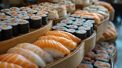 Assorted sushi on tiered wooden trays.