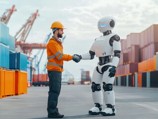 Dock worker and robot engage in a friendly handshake at a bustling port with colorful cargo containers