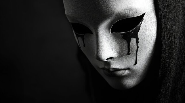 A haunting mask with tear-like designs, evoking emotion and mystery in monochrome tones.