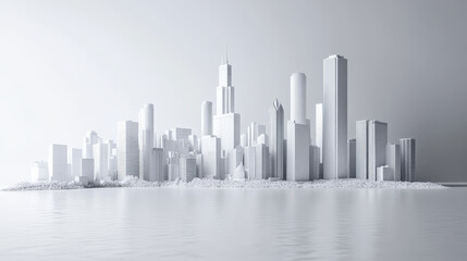 stunning 3D representation of Chicago skyline in white material, showcasing modern architecture and urban design. serene water reflects intricate details of buildings, creating peaceful atmosphere