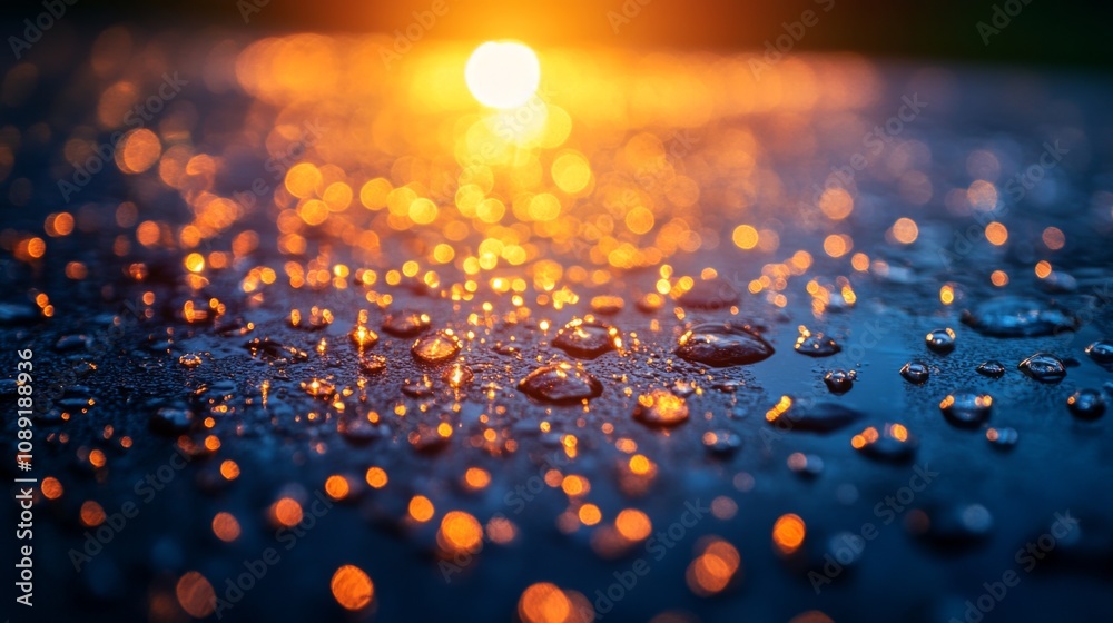 Fototapete gathering droplets of water shimmer on a reflective surface, illuminated by the warm glow of the set