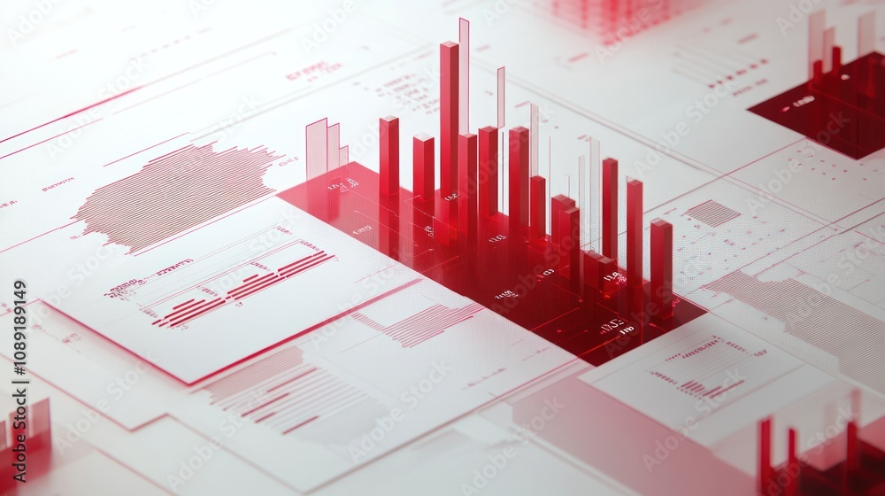 Poster Abstract data visualization with red bars and graphs on white background.