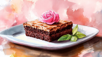 Watercolor illustration of a chocolate brownie topped with a pink rose and garnished with green leaves on a plate. Elegant dessert with artistic flair.
