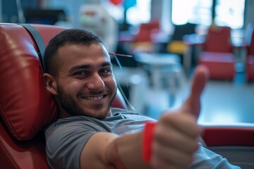Positive Young Man Donating Blood with a Smile and Thumbs Up Gesture During a Blood Donation Drive in a Comfortable Setting