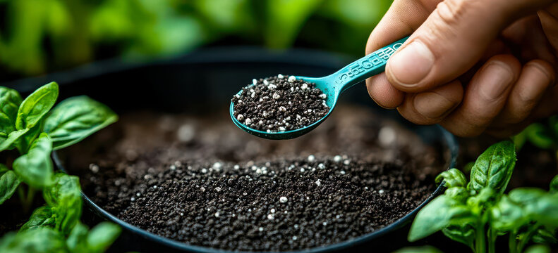 Gardener Applying Organic Fertilizer with Tablespoon to Nurture Plant Growth in Garden