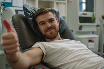 Young man giving thumbs up while donating blood in a modern medical facility, expressing positivity and hope for those in need of life-saving support.
