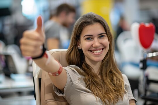 Young woman smiling while giving a thumbs up gesture during a blood donation event, showcasing positivity and community spirit