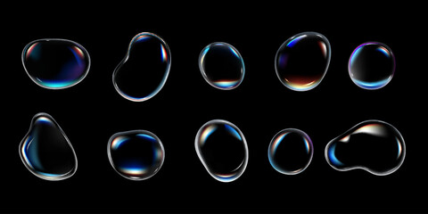 Realistic water drops vector set, soap bubble with rainbow reflection, 3D rounded liquid shape with holographic effect