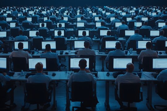 IT Office with Men Sitting at Desks &ndash; Tech Professionals Working, Corporate Workspace, and Modern Office Environment