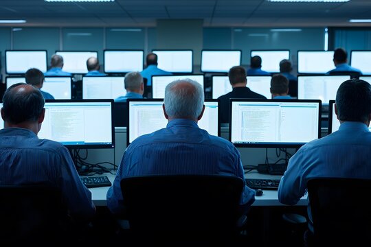 IT Office with Men Sitting at Desks &ndash; Tech Professionals Working, Corporate Workspace, and Modern Office Environment