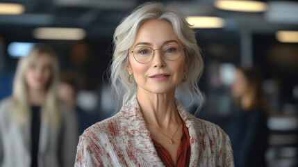 Fototapeta premium Woman with silver hair in glasses stands confidently in a modern office during a business meeting or presentation. Generative AI