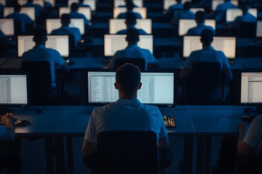 IT Office with Men Sitting at Desks &ndash; Tech Professionals Working, Corporate Workspace, and Modern Office Environment