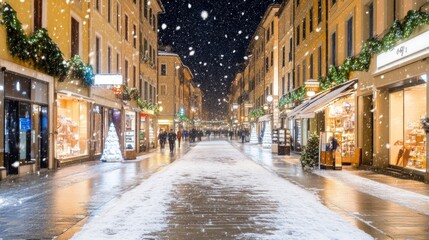Naklejka premium Christmas choir in a cozy town square with snow falling