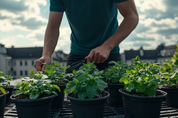 Fototapeta premium Focus on mint plants being trimmed in rooftop garden
