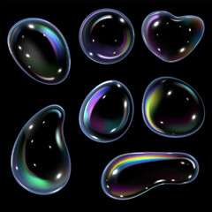 Realistic soap bubble with rainbow reflection vector set, glossy 3D volume water drop with holographic effect, glares